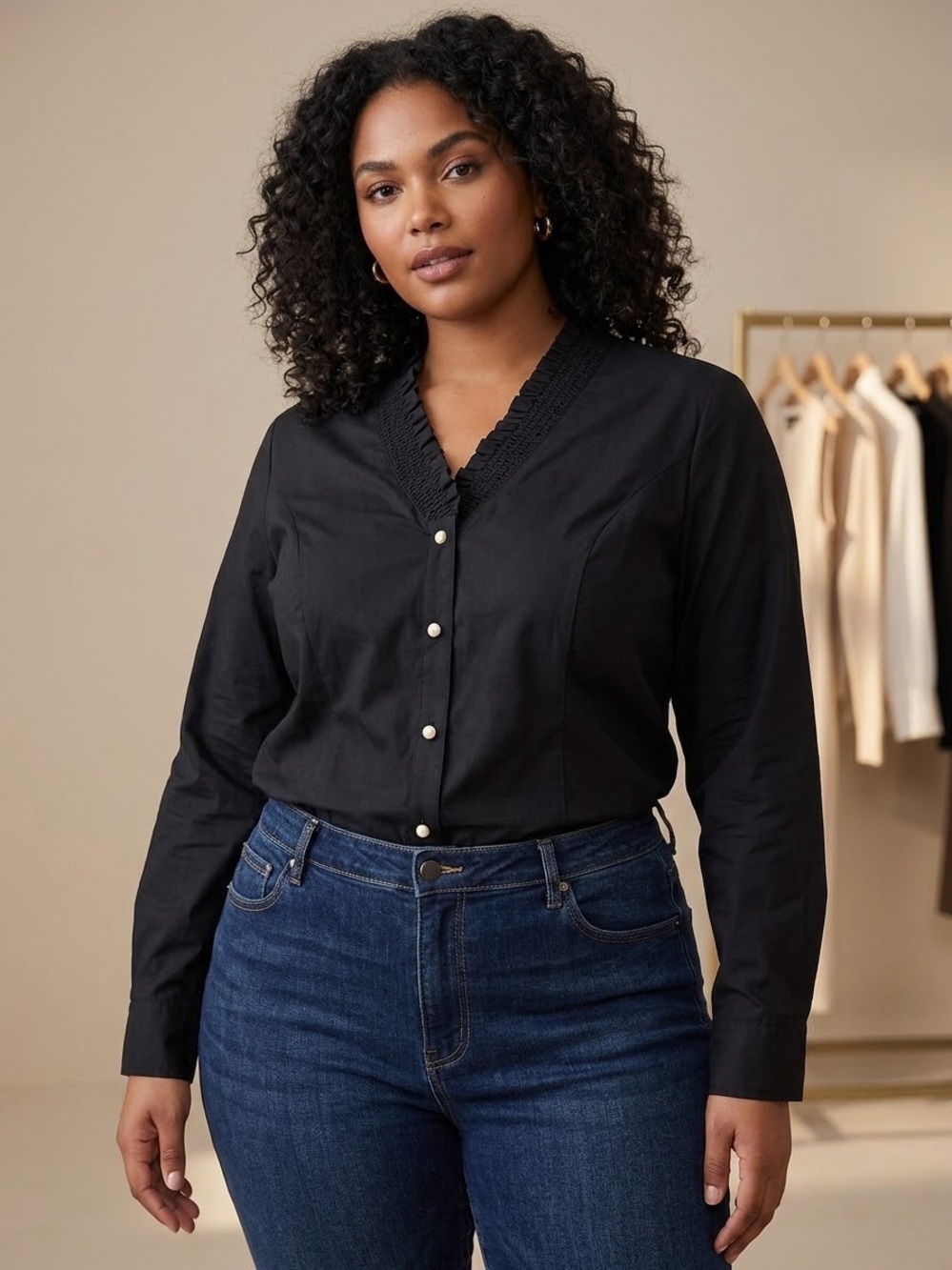 NWOT denim and co Black V-Neck pearl Button Front Women's Top size large